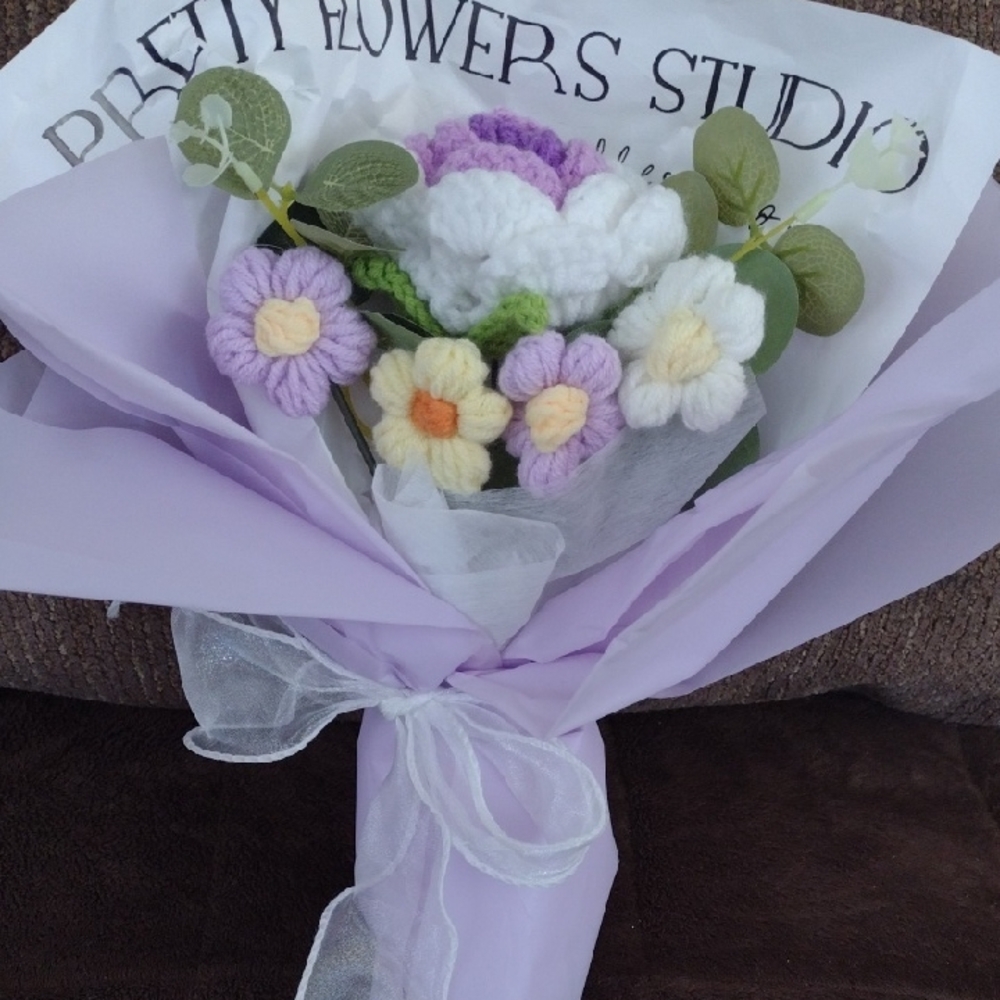 Hand Crocheted Flowers Bouquet Five Flowers Peony & Daises Mult Color